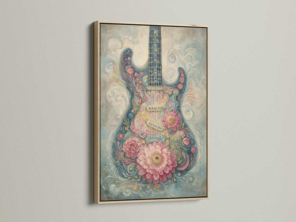 An oak frame enhances the beauty of the floral guitar artwork. The natural wood grain complements the art. It brings warmth and sophistication to the wall. Ideal for adding a rustic touch to your decor. A timeless choice.