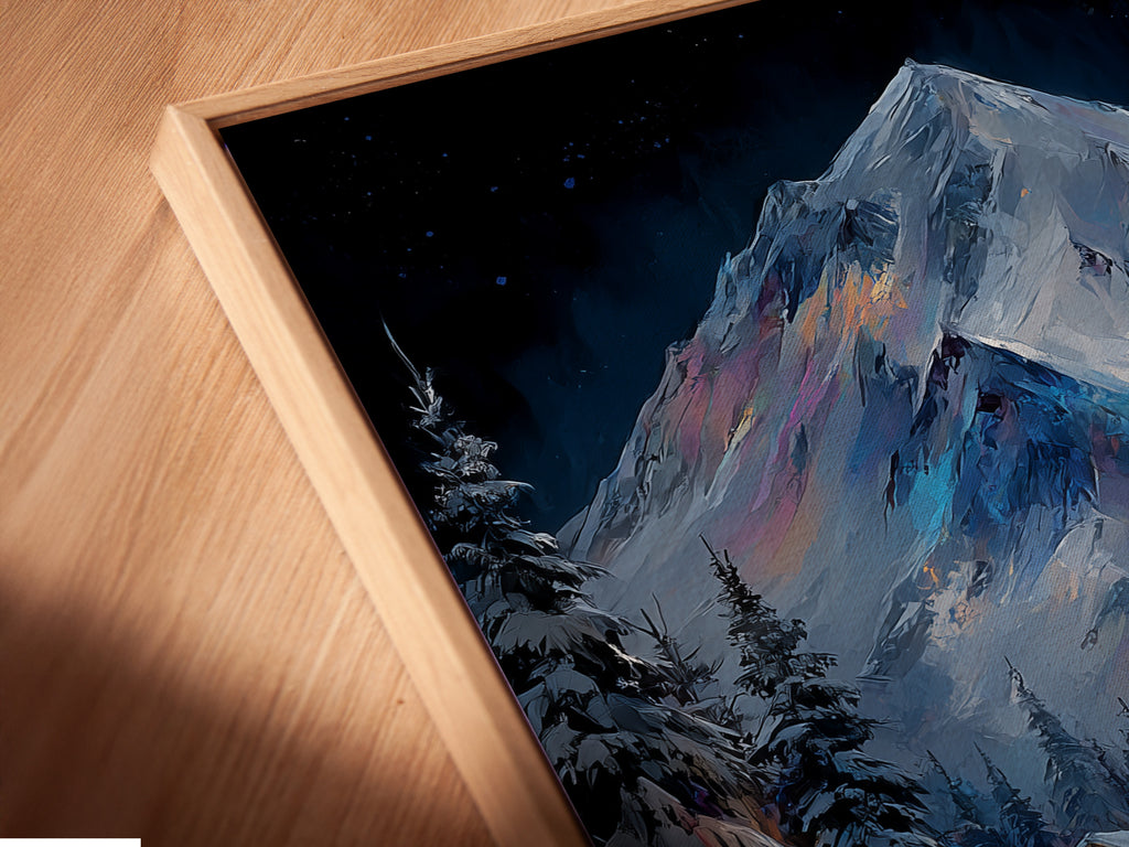 Get a closer look at a canvas print in a floating frame. The winter mountain artwork appears to float. It adds a modern touch to your ski lodge decor. This snowy alpine landscape painting brings a cozy cabin feel to your home.