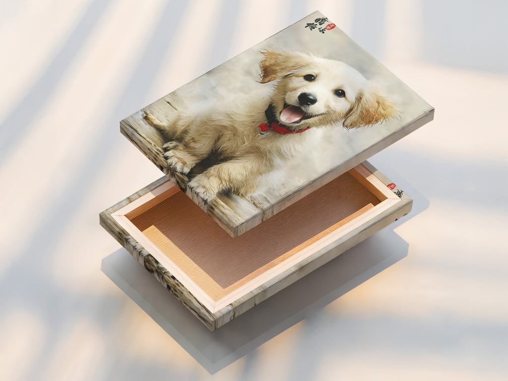A stretched canvas print displays a heartwarming golden retriever puppy art piece. This Asian-style dog artwork is ready to hang and enjoy. The stretched canvas provides a gallery-quality look and feel. Perfect for adding a touch of contemporary style to any room or pet business.