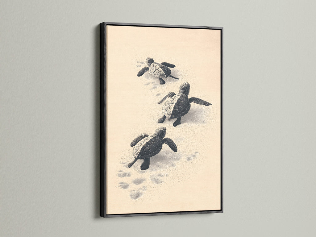 This sea turtle artwork is displayed in a sleek black frame. The black frame accentuates the marine life print. It is a stylish choice for coastal or nautical decor. This is ideal for a beach house.