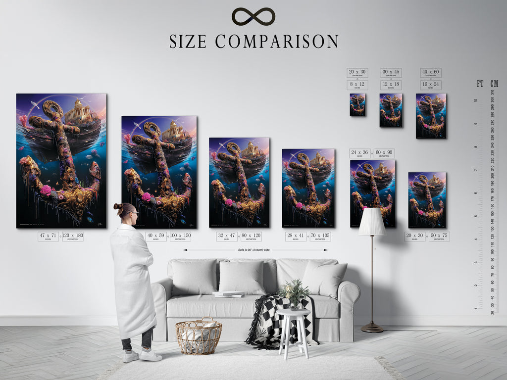 A size comparison chart is displayed in a stylish interior setting. This chart helps you visualize the perfect dimensions for your artwork. Choose the ideal size for your stretched canvas print fine art poster or framed art. Perfect for planning your coastal decor.