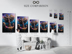 A size comparison chart is displayed in a stylish interior setting. This chart helps you visualize the perfect dimensions for your artwork. Choose the ideal size for your stretched canvas print fine art poster or framed art. Perfect for planning your coastal decor.