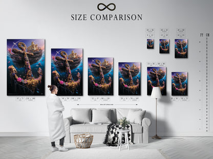 A size comparison chart is displayed in a stylish interior setting. This chart helps you visualize the perfect dimensions for your artwork. Choose the ideal size for your stretched canvas print fine art poster or framed art. Perfect for planning your coastal decor.