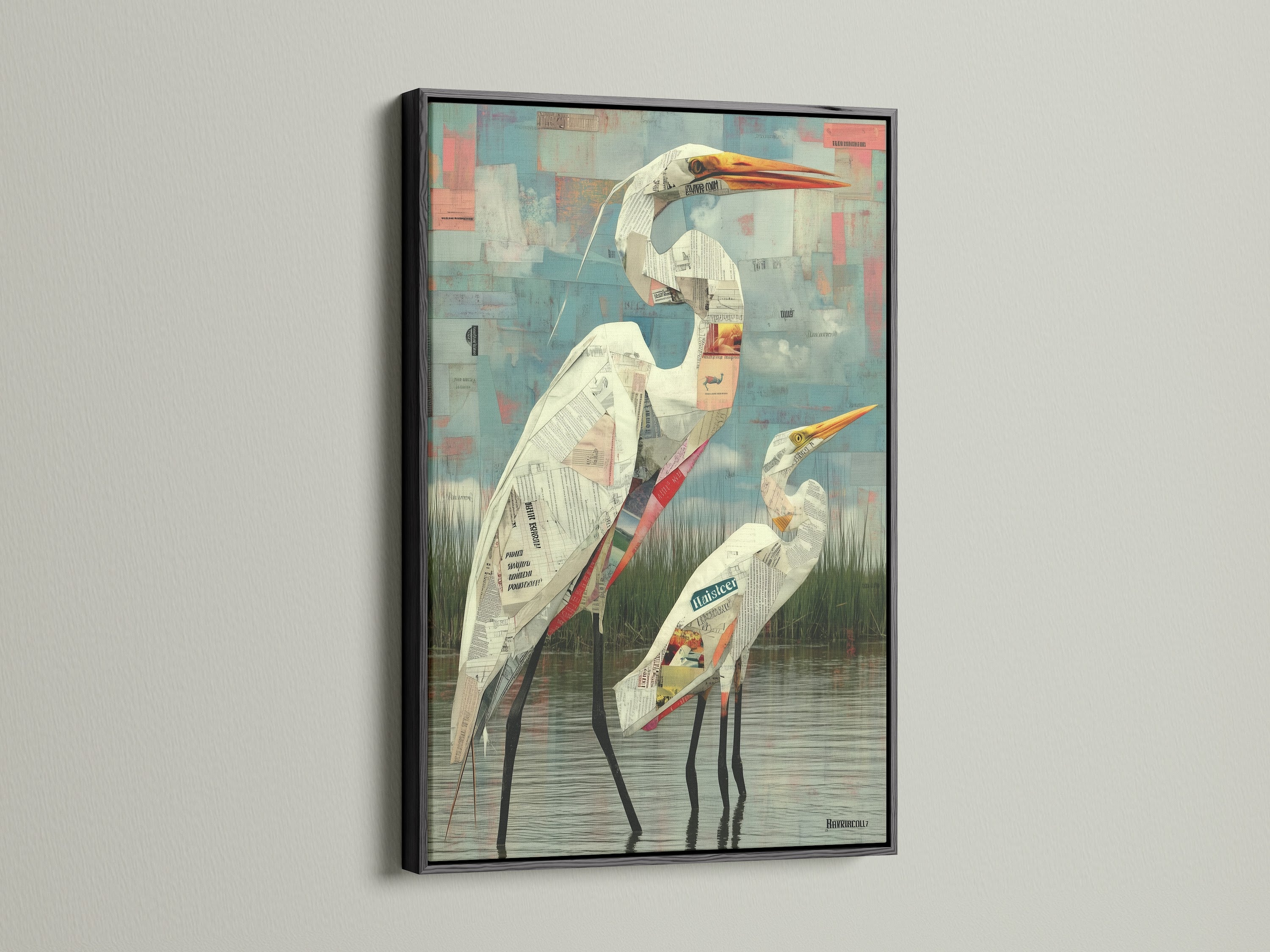 See heron artwork in a black frame. This bird canvas adds sophistication. A modern print perfect for any room. Complements minimalist decor. The black frame creates a bold statement.