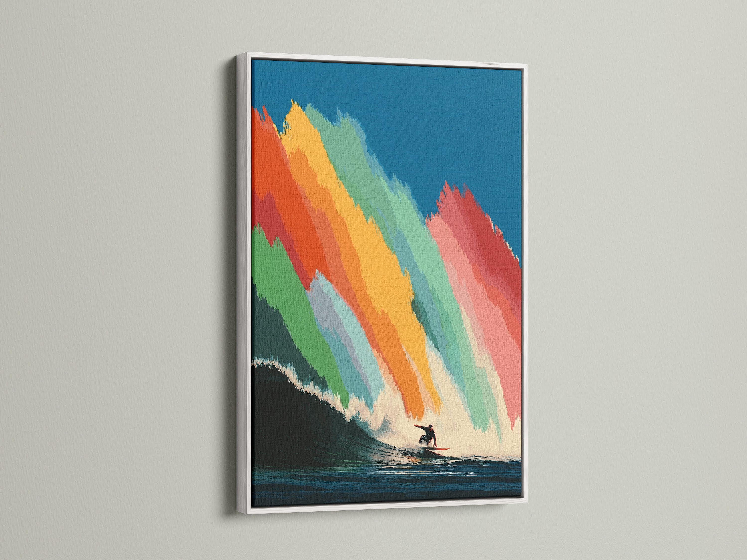 A vibrant surfer wall art piece is displayed in a clean white frame. The white frame creates a modern and fresh look. This colorful wave canvas print is ideal for coastal and tropical decor. Add a splash of ocean artwork to your space with this surf art.