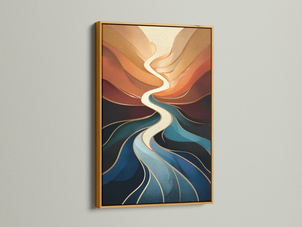 Abstract River Canvas Print in a gold frame. The artwork features beautiful teal orange fluid art. This modern piece adds elegance to your home. A gold frame enhances this contemporary canvas print.