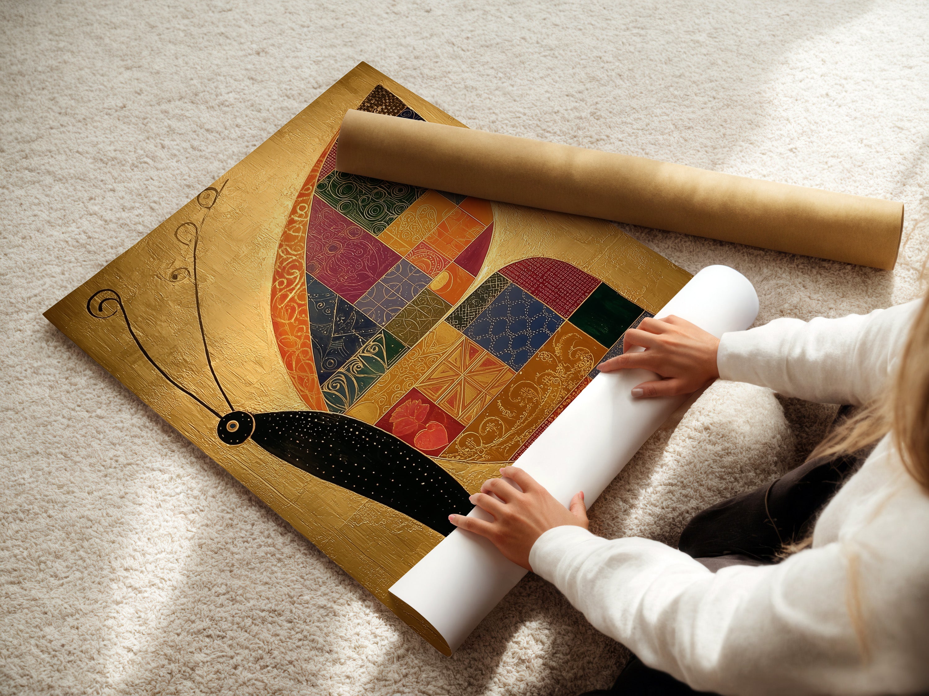 A woman is carefully rolling a fine art poster paper. The process ensures the artwork remains pristine. This protects it during shipping and handling. Fine art poster paper provides a high-quality finish. It showcases art beautifully