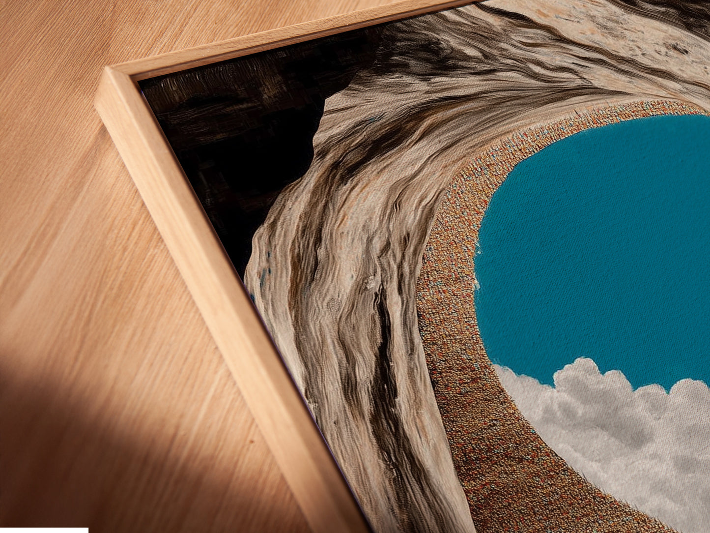 Angled close up of a canvas print in a floating frame. This unique design adds depth to any wall. Perfect for adventure and sports enthusiasts. A stylish piece of Mediterranean artwork. Elevate your space with this stunning art.