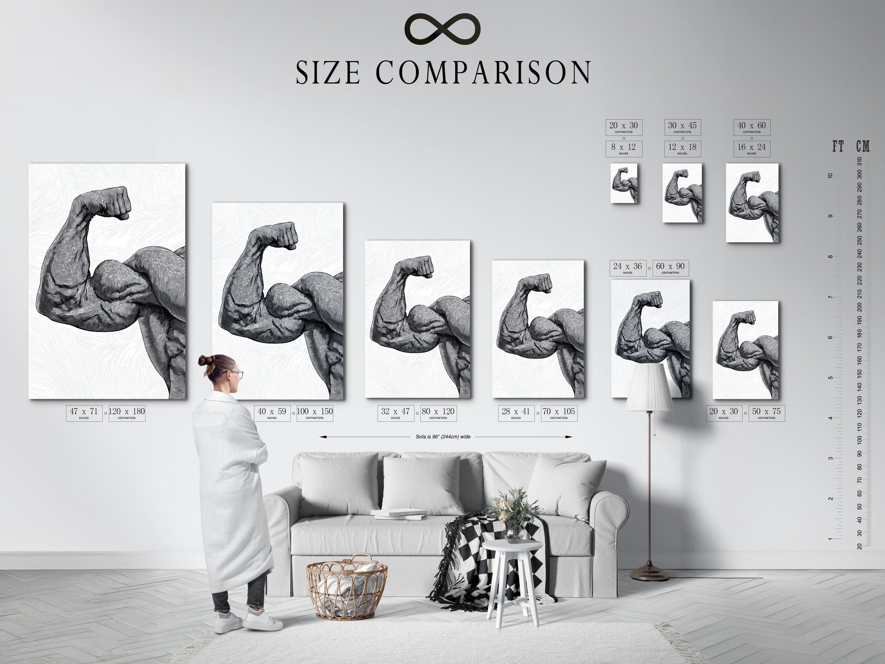 Size comparison chart displayed in a stylish interior setting. This chart helps you visualize the artwork's dimensions. Choose the perfect size for your space. Explore our range of sizes and options. Discover artwork that fits your unique style. Find the ideal piece to complete your decor.