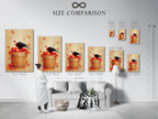 Size comparison chart in an interior setting for the Bird and Apples artwork. This chart helps visualize the artwork's dimensions in a room. The rustic fall still life piece is perfect for kitchen decor. Choose the ideal size to complement your space. It showcases different sizes of the canvas print.