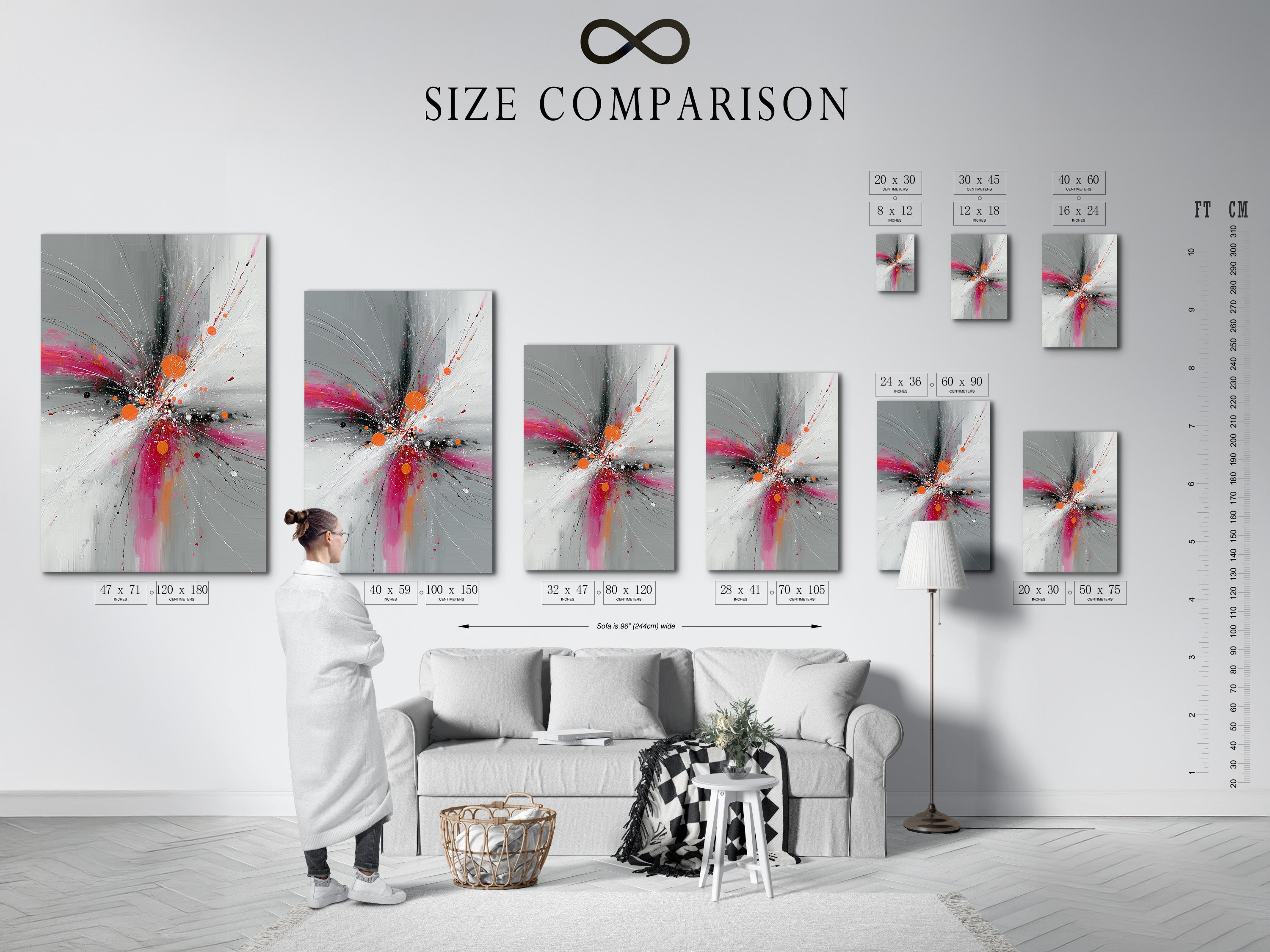 Size comparison chart displayed in an interior setting featuring Abstract Burst artwork. See how the pink orange and gray explosion print looks in various sizes. Perfect for visualizing how this contemporary artwork fits your space. Choose the ideal size for your living room bedroom or office. Find the perfect fit today.