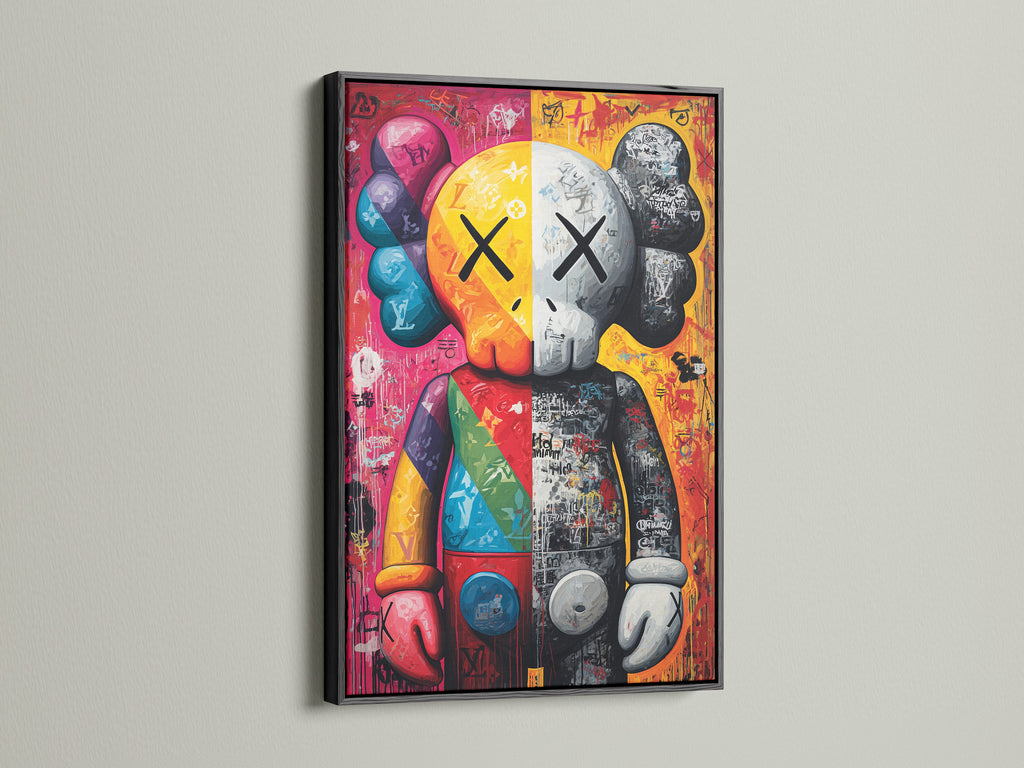 KAWS Companion artwork showcased in a black frame. This street art canvas adds an edgy vibe. The pop art wall decor is perfect for a modern office. A striking graffiti artwork for urban spaces.