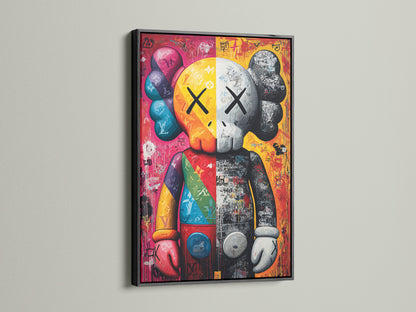 KAWS Companion artwork showcased in a black frame. This street art canvas adds an edgy vibe. The pop art wall decor is perfect for a modern office. A striking graffiti artwork for urban spaces.
