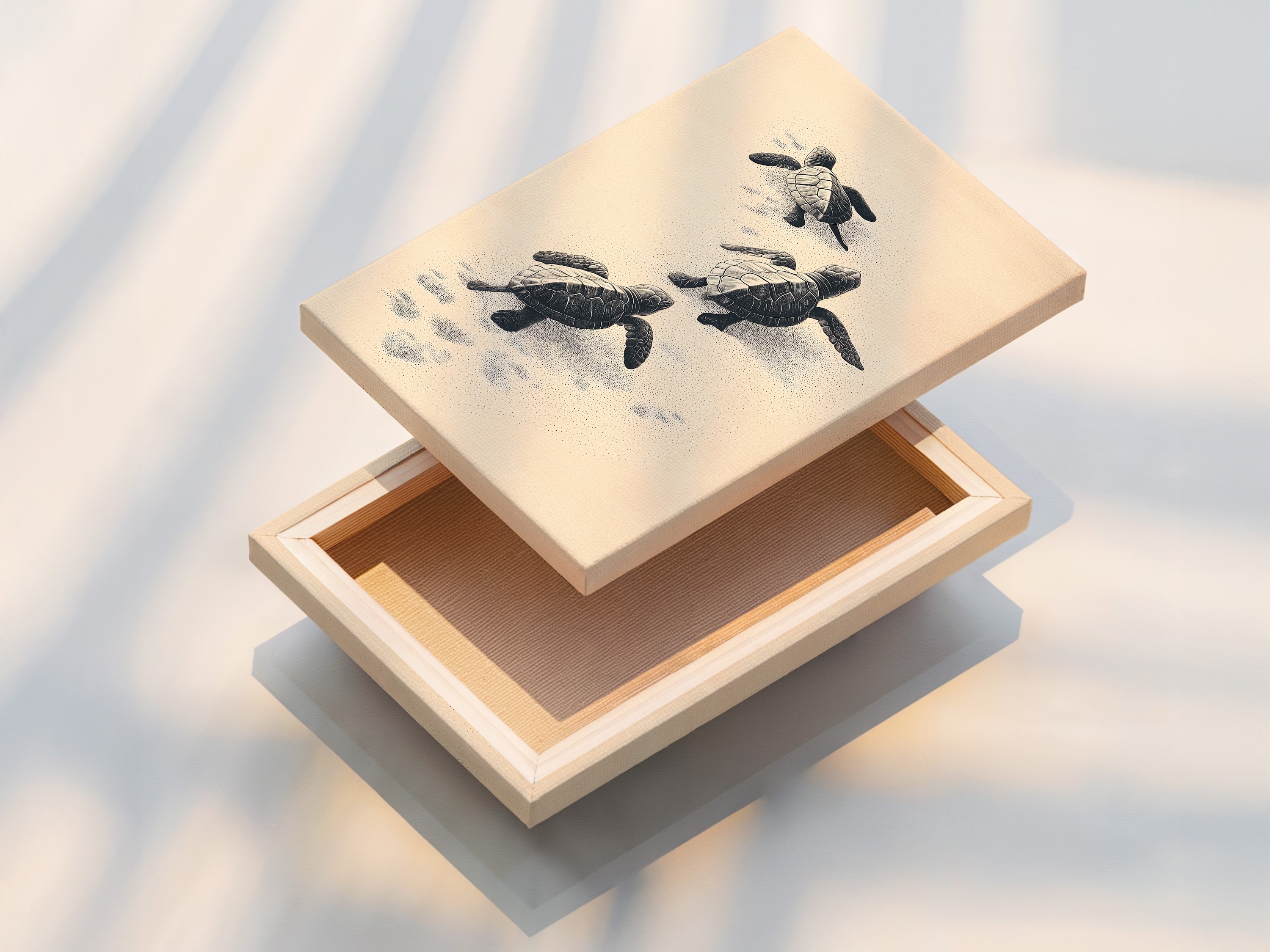 This is a stretched canvas print featuring baby sea turtles. The stretched canvas provides a gallery-ready look. Perfect for adding a touch of the ocean to your home. Ideal for coastal-themed decor.