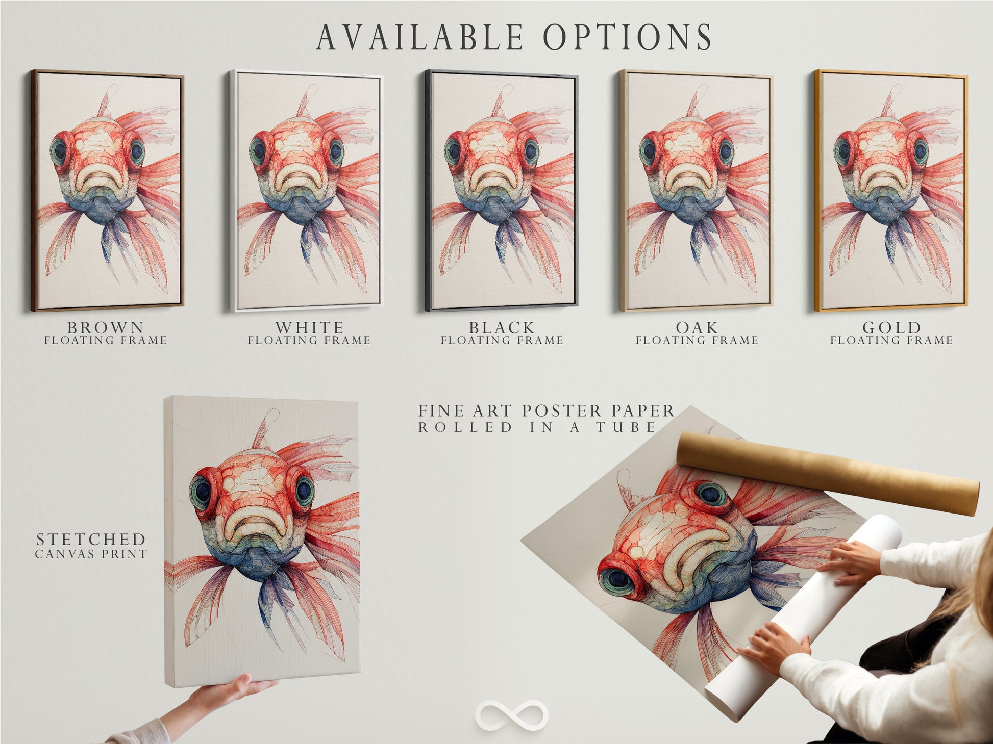 Available options are displayed. These include a stretched canvas print a fine art poster paper and a floating frame. Choose the format that suits your style. Each option offers a unique way to showcase artwork. It enhances your living space.