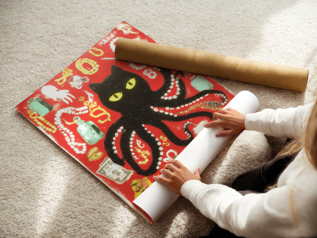 A woman rolls fine art poster paper. This shows care in handling artwork. The paper ensures high-quality prints. It's perfect for surreal animal art and vintage collages. Great for posters.