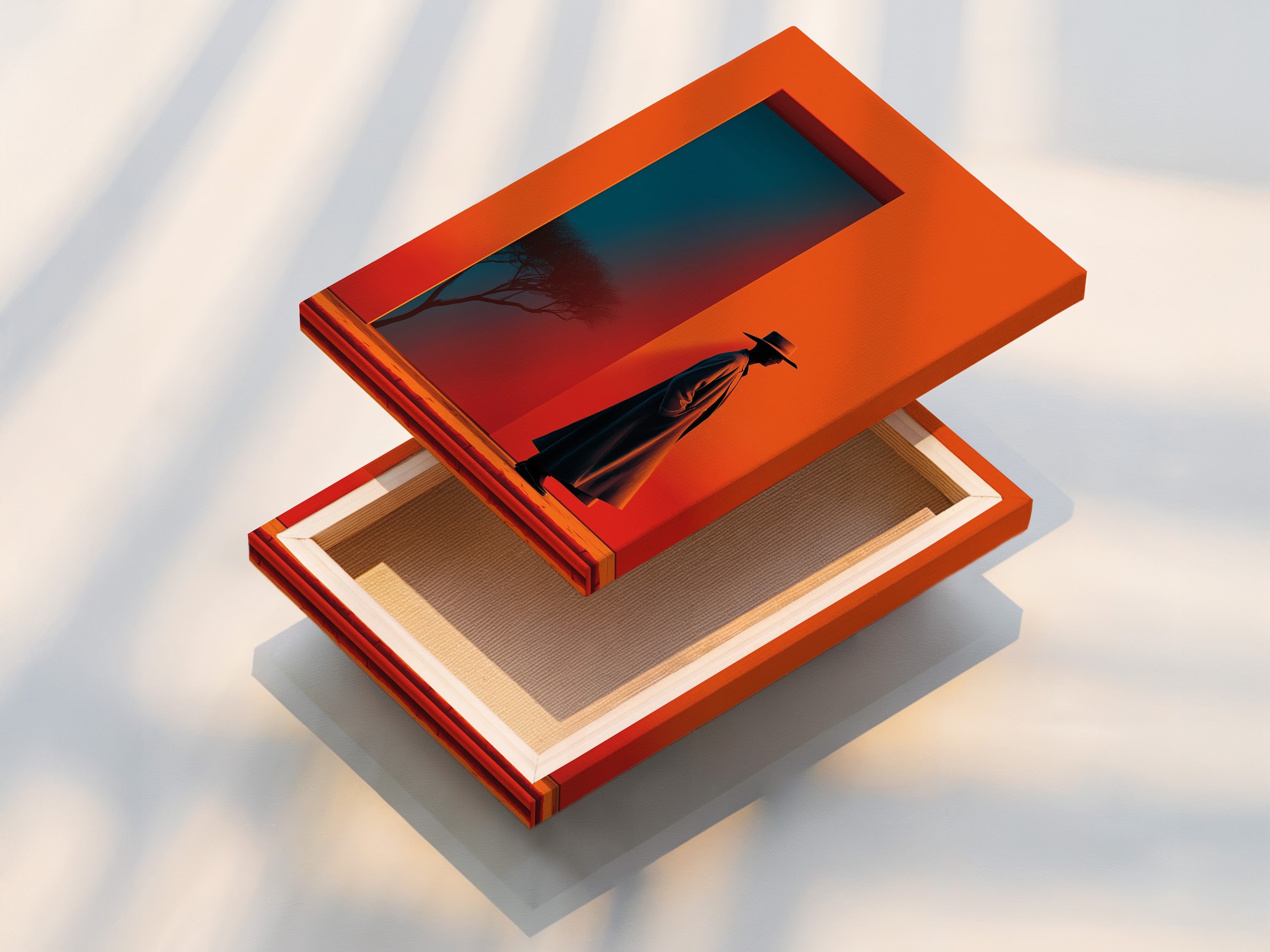 Stretched canvas print of Western Cowboy artwork. The orange and teal colors create a retro desert scene. This southwestern wall decor is perfect for any home. It's ideal for a man cave or living room.