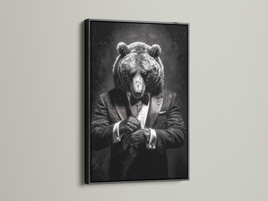 An eye-catching artwork of a bear in a tuxedo is highlighted by a sleek black frame. The artwork stands out against a light-colored wall. A black frame adds a bold and dramatic touch. It makes a statement in any setting. Browse our collection of black framed art for a sophisticated decor choice.