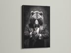 An eye-catching artwork of a bear in a tuxedo is highlighted by a sleek black frame. The artwork stands out against a light-colored wall. A black frame adds a bold and dramatic touch. It makes a statement in any setting. Browse our collection of black framed art for a sophisticated decor choice.