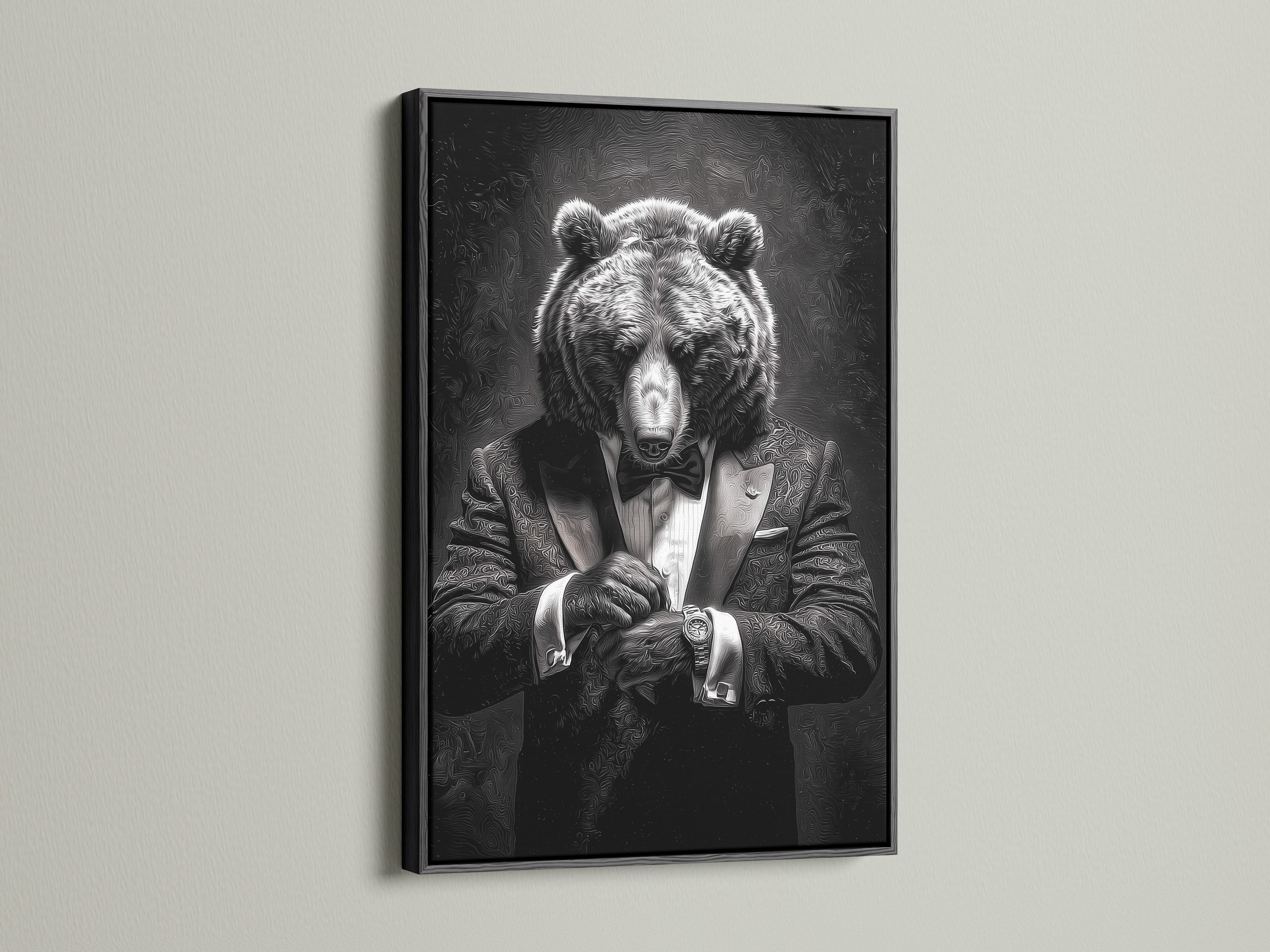 An eye-catching artwork of a bear in a tuxedo is highlighted by a sleek black frame. The artwork stands out against a light-colored wall. A black frame adds a bold and dramatic touch. It makes a statement in any setting. Browse our collection of black framed art for a sophisticated decor choice.