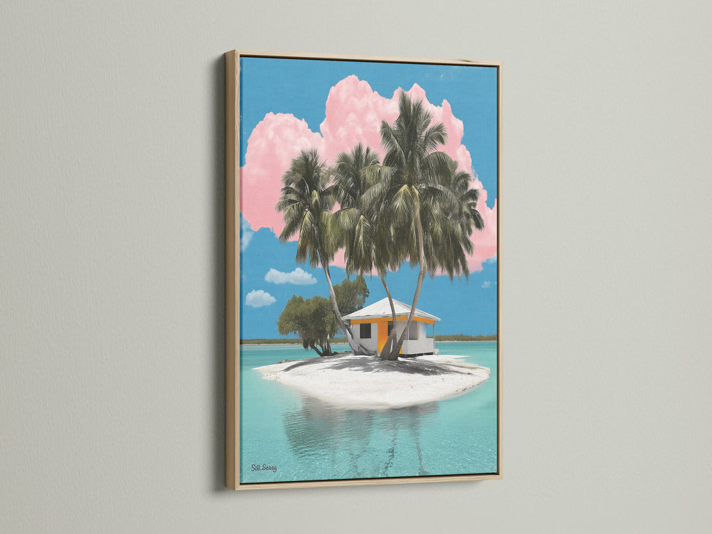Admire our tropical island artwork presented in an oak frame. This frame enhances the coastal artwork with its natural wood tone. The scene features palm trees a beach house and turquoise waters. Ideal for adding a touch of island paradise to your home.