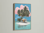 Admire our tropical island artwork presented in an oak frame. This frame enhances the coastal artwork with its natural wood tone. The scene features palm trees a beach house and turquoise waters. Ideal for adding a touch of island paradise to your home.