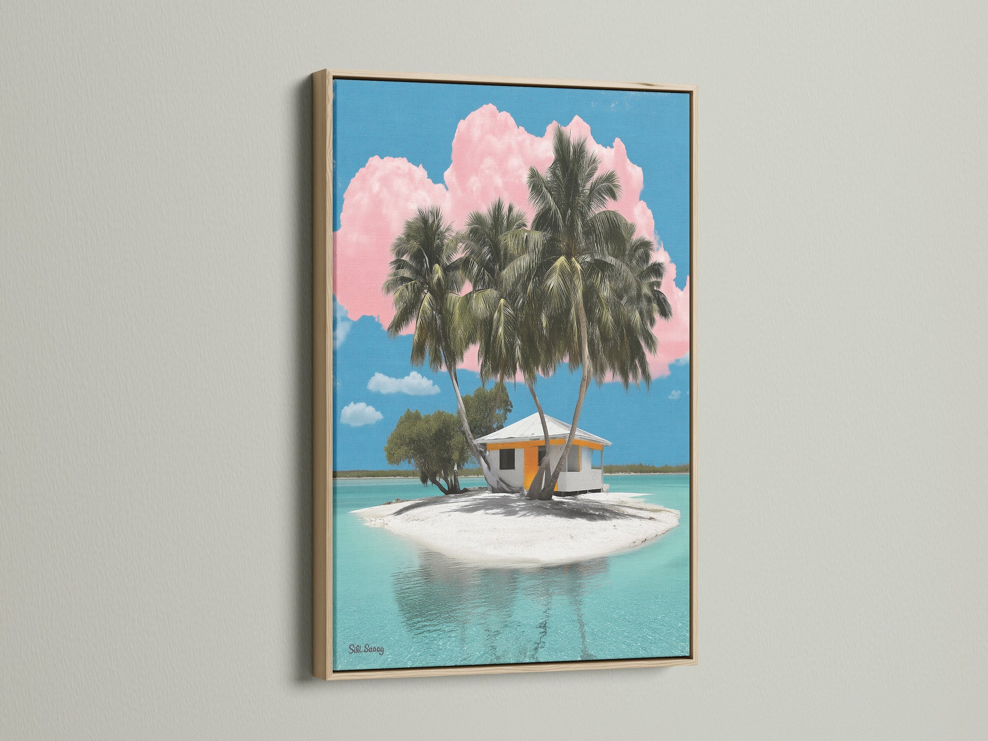 Admire our tropical island artwork presented in an oak frame. This frame enhances the coastal artwork with its natural wood tone. The scene features palm trees a beach house and turquoise waters. Ideal for adding a touch of island paradise to your home.