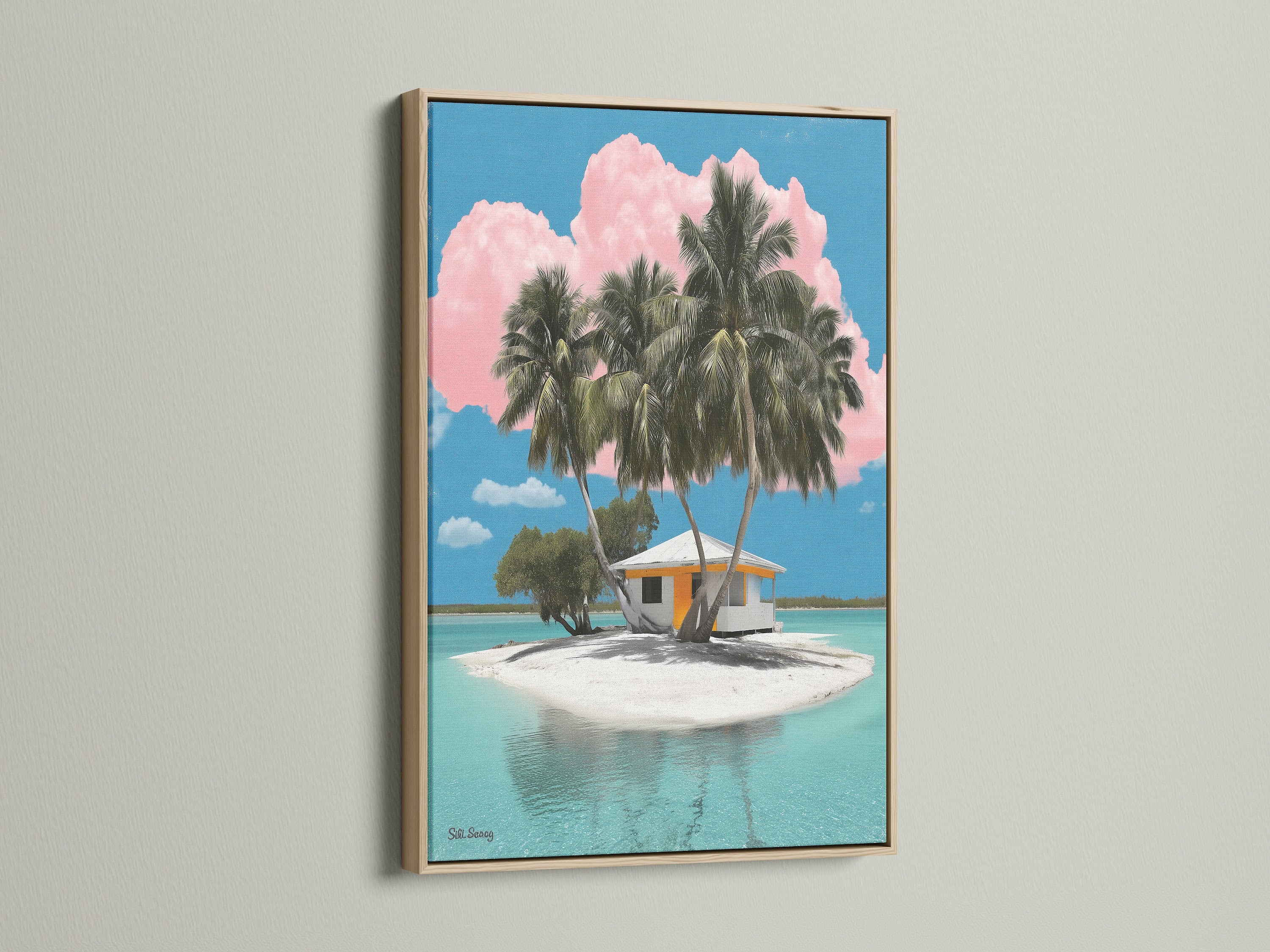 Admire our tropical island artwork presented in an oak frame. This frame enhances the coastal artwork with its natural wood tone. The scene features palm trees a beach house and turquoise waters. Ideal for adding a touch of island paradise to your home.