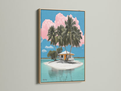Admire our tropical island artwork presented in an oak frame. This frame enhances the coastal artwork with its natural wood tone. The scene features palm trees a beach house and turquoise waters. Ideal for adding a touch of island paradise to your home.