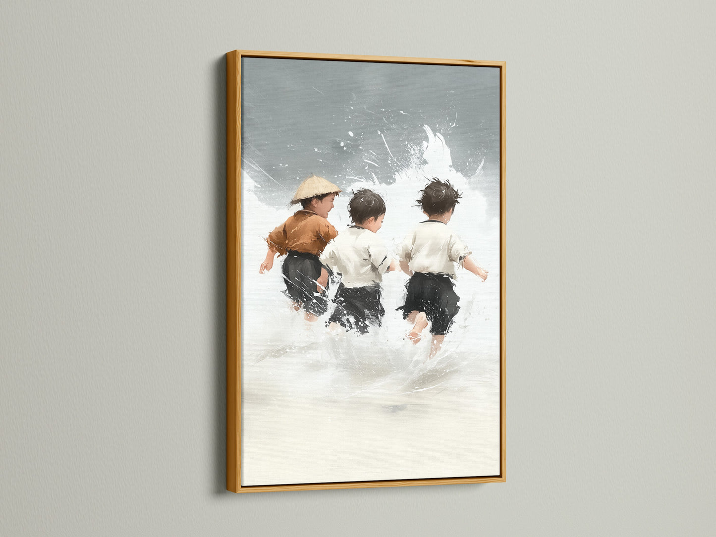 Children at Play artwork with a gold frame. Add a touch of luxury to your nursery wall decor. The gold frame complements the neutral tones. Perfect for enhancing kids' room art. This seascape print becomes a stunning focal point. Elevate your beach canvas art with this elegant frame.