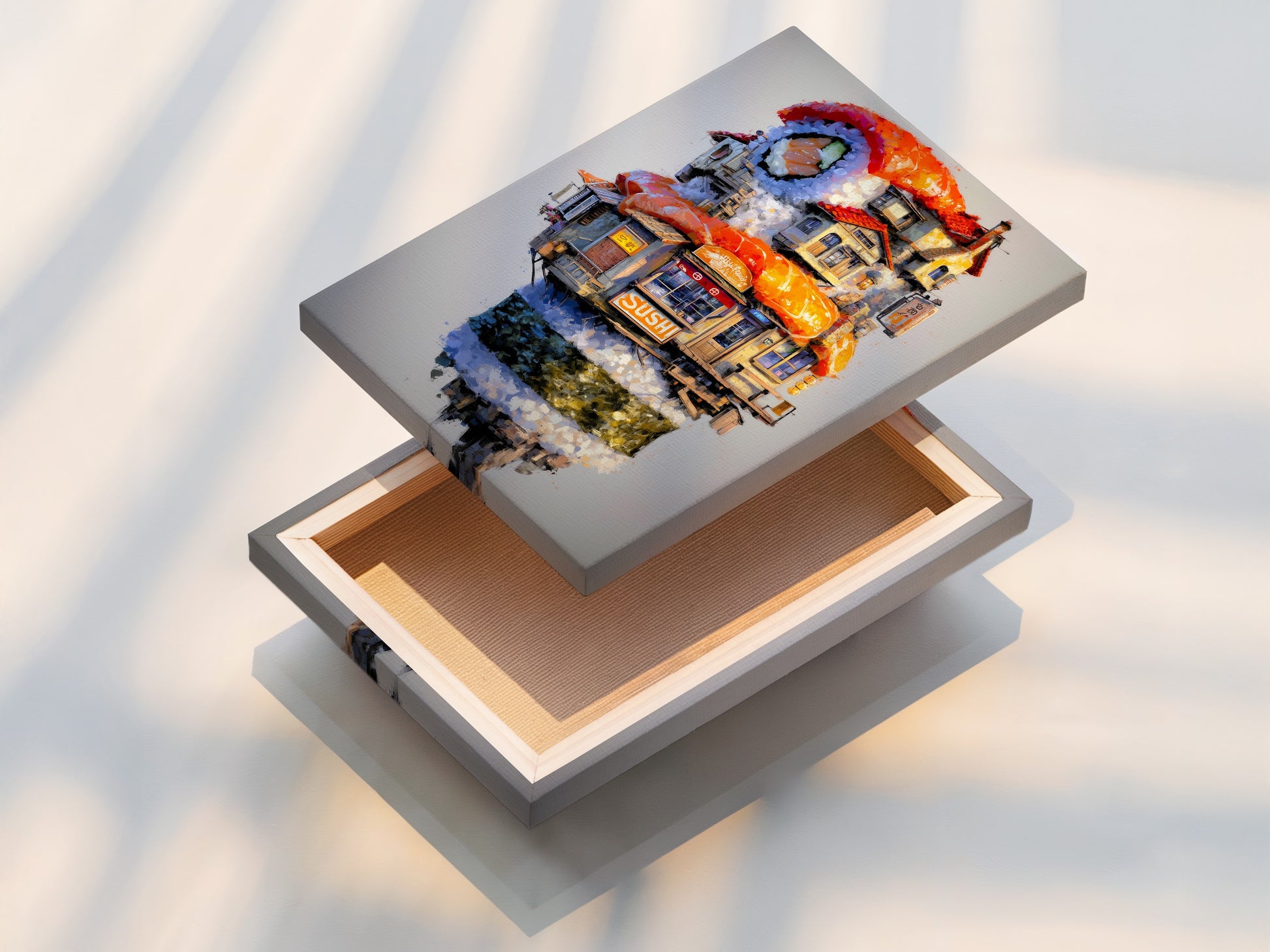 Stretched canvas print of whimsical Japanese food artwork. The canvas print is ready to hang. It is perfect for modern kitchens and cafes. The artwork is a unique addition to any space. Enjoy this food artwork.