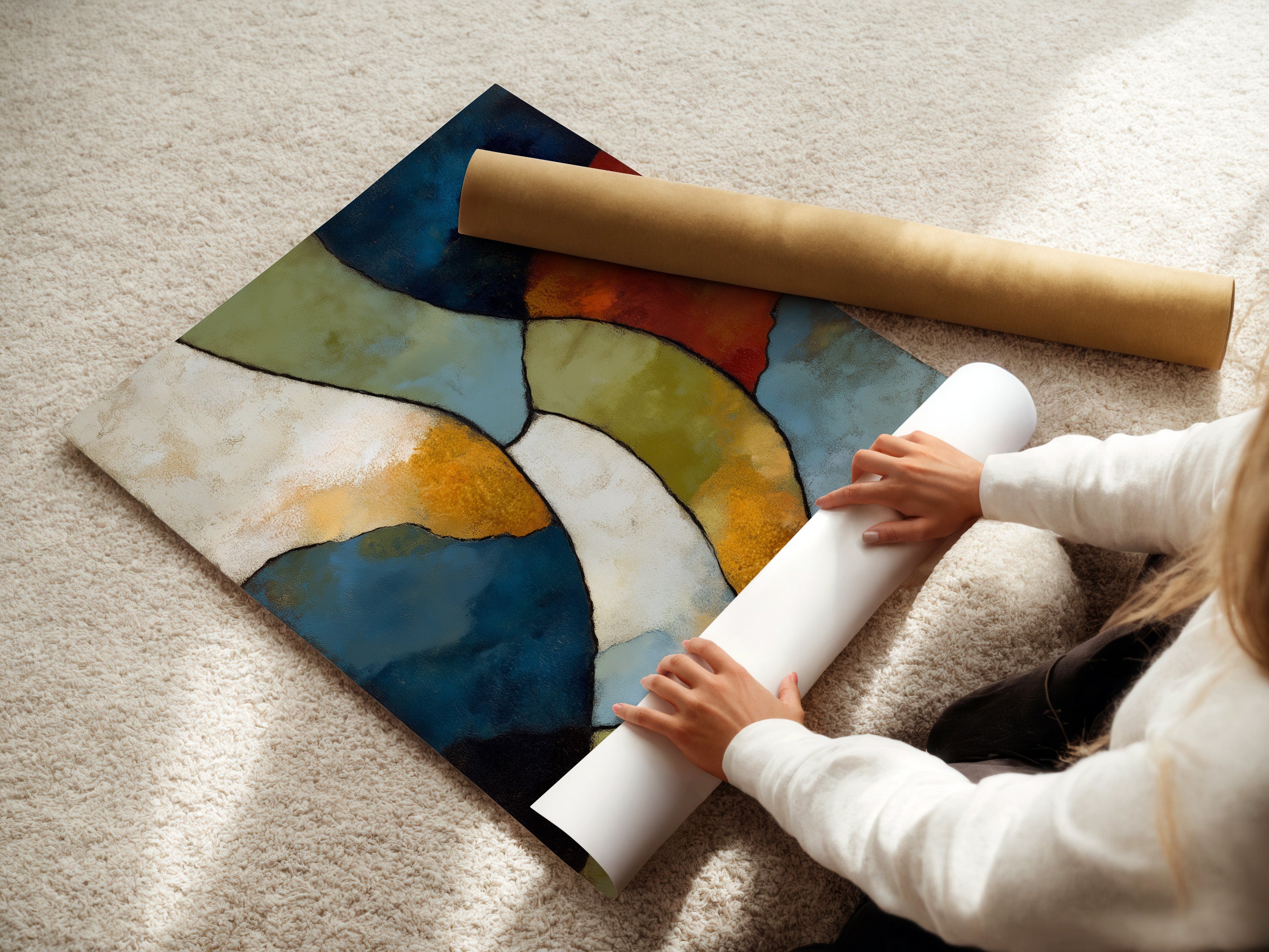 A woman carefully rolling a fine art poster paper. The paper features an abstract geometric artwork. Perfect for creating vibrant wall art and contemporary prints. Ideal for art enthusiasts and interior decorators looking for unique pieces.