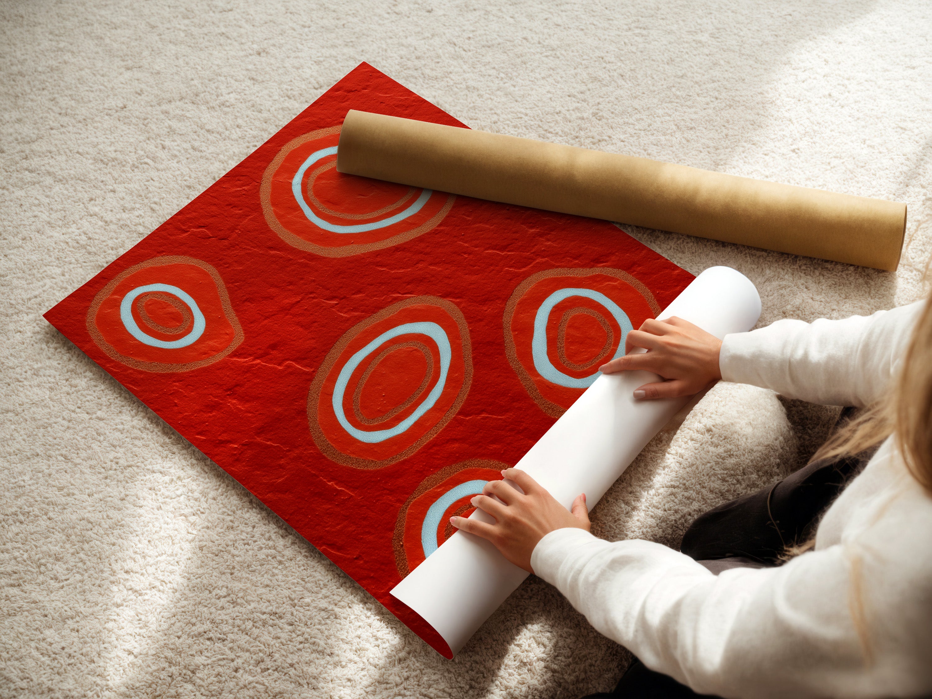 A woman carefully rolls a fine art poster paper. The paper showcases abstract red art with geometric elements. This high-quality poster paper is perfect for modern wall decor. Ideal for creating vibrant prints and contemporary displays. The fine art paper ensures a professional finish. Perfect for art enthusiasts.