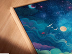 A close-up angled view reveals a canvas print in a floating frame. The fantasy landscape artwork is vibrant. The colorful sky features pink teal and yellow elements. This artwork is a modern addition to any home. The floating frame enhances the artwork.