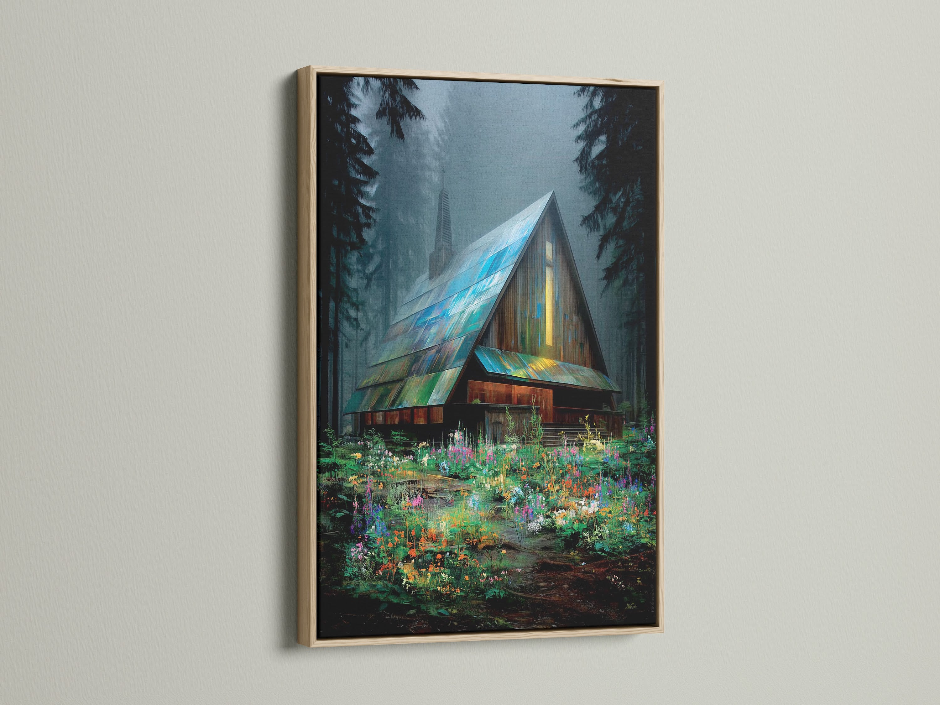 This is a cabin in woods canvas print. The art depicts a forest scenery wall art. The frame is Oak. It brings a touch of nature to living spaces. Ideal for cabin wall art and woodland artwork. A colorful print.