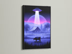 The UFO Abduction artwork is displayed in a black frame. This art piece features a sci-fi landscape with a cow and barn. The black frame adds a bold and modern look. Consider this extraterrestrial art for your office wall. The cosmic print is perfect for any space.