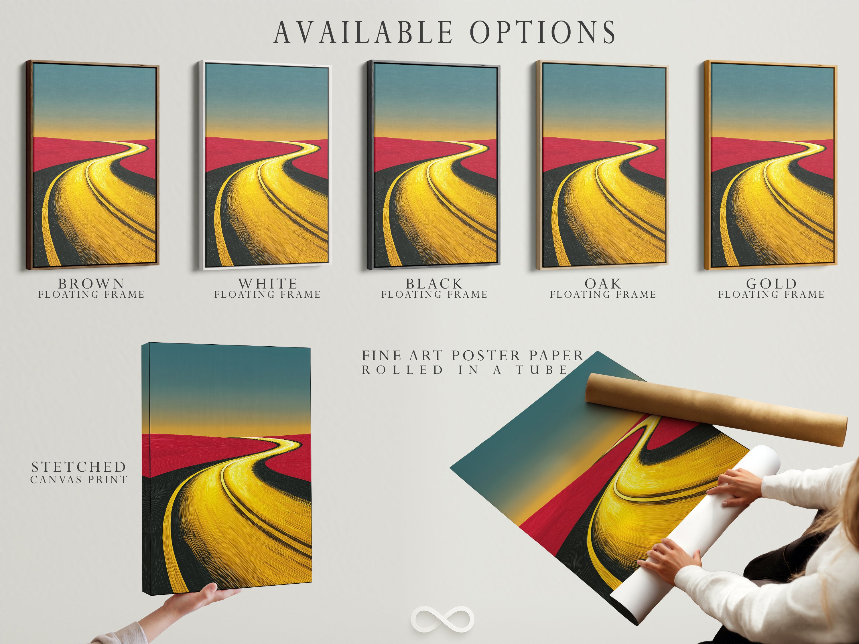 Explore available options for the desert road artwork. Choose from a stretched canvas print fine art poster paper or a floating frame. The landscape canvas features earth tones. This abstract wall art suits any modern space. Perfect for office decor living rooms or travel-themed rooms.