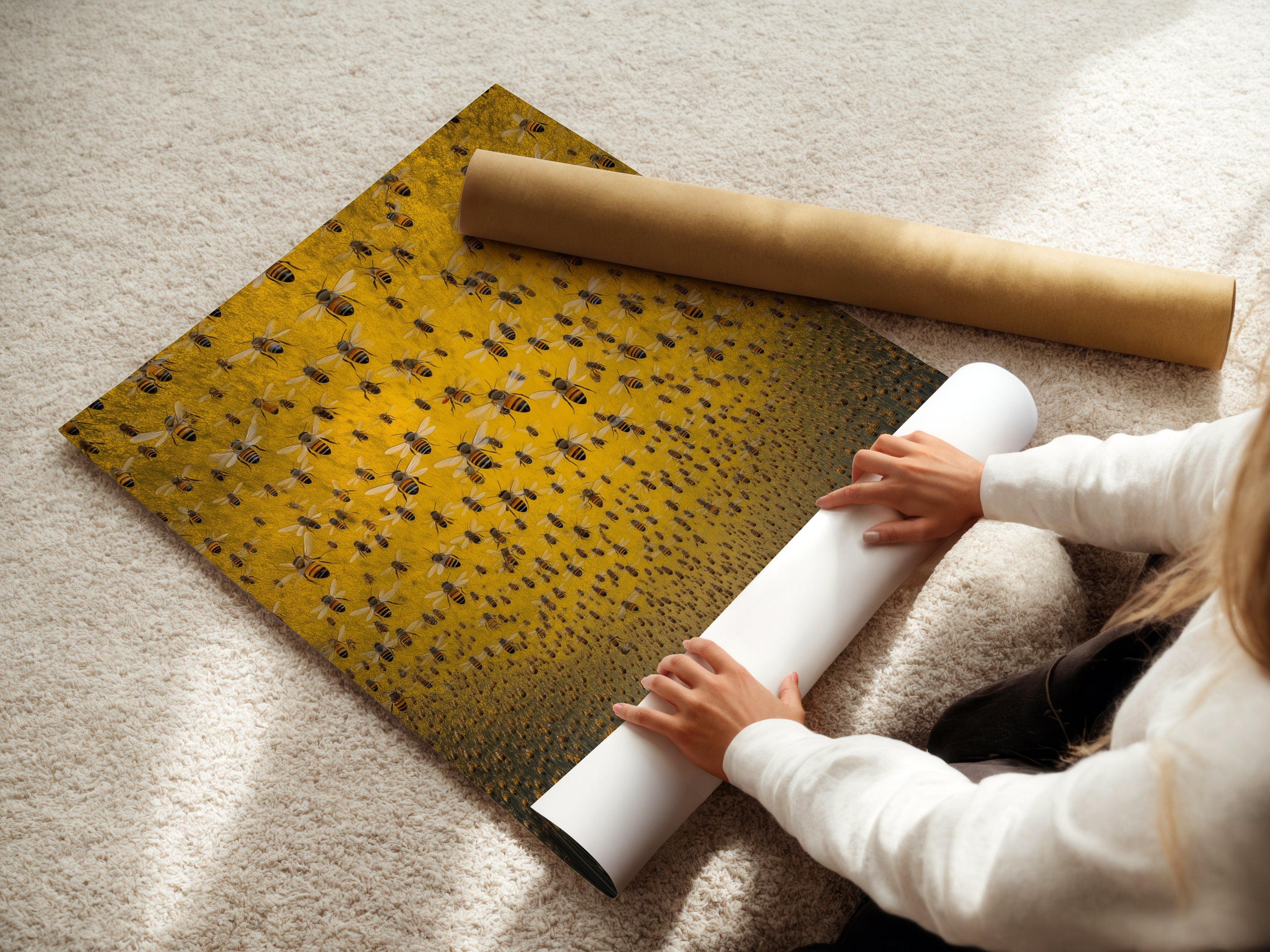 A woman rolls fine art poster paper featuring the Honey Bee artwork. This highlights the care and quality of the print. The fine art paper ensures vibrant colors and sharp details. Perfect for art lovers and collectors seeking high-quality insect decor. Bring apiculture art into your home.