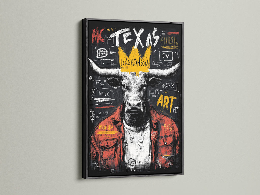 Here's a bold Texas Longhorn bull artwork in a black frame. The black frame accentuates the Longhorn canvas. It's a striking piece of modern bull art ideal for office wall decor.