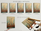Available options for the NYC Skyline art featuring the Twin Towers. Choose from a stretched canvas print fine art poster paper or floating frame. Customize your vintage Manhattan cityscape to fit your style.