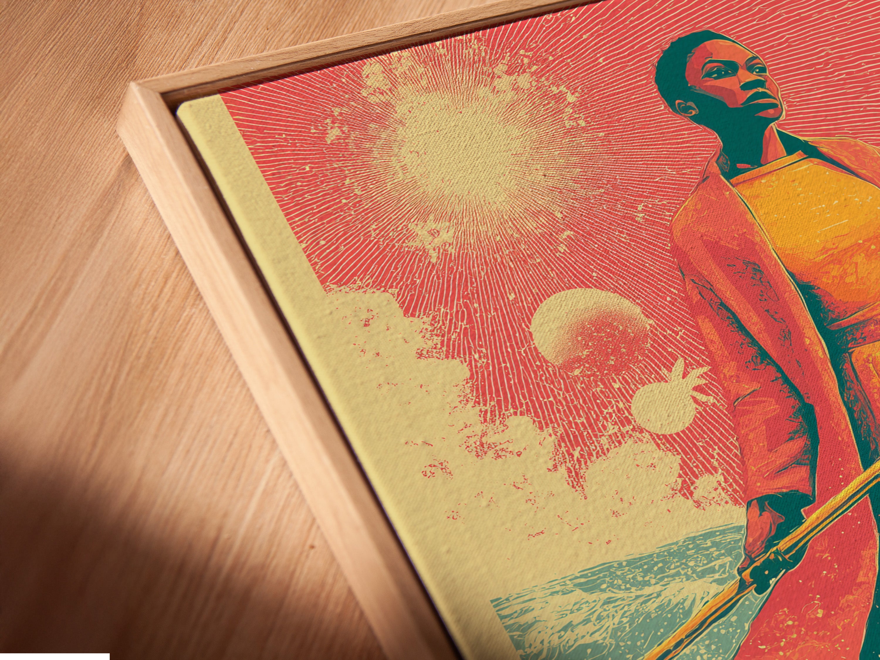A close-up angled view of a canvas print in a floating frame. The retro fantasy art is vibrant and eye-catching. The vintage sci-fi woman is a focal point. The surreal desert landscape draws you in. Ideal for adding a unique touch to your home. The primary color is orange.
