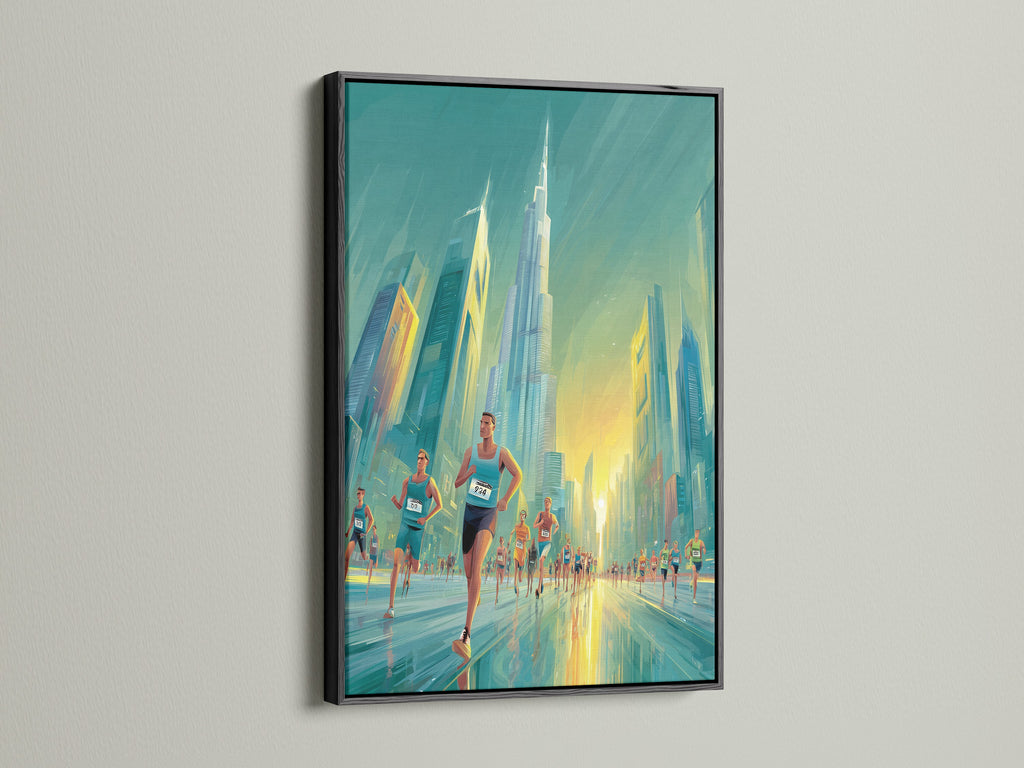 Painting featuring a marathon race in Dubai displayed in a black frame. The black frame adds a touch of sophistication. It provides a bold contrast to the artwork. It is a stylish choice for highlighting art in any setting. Shop now.