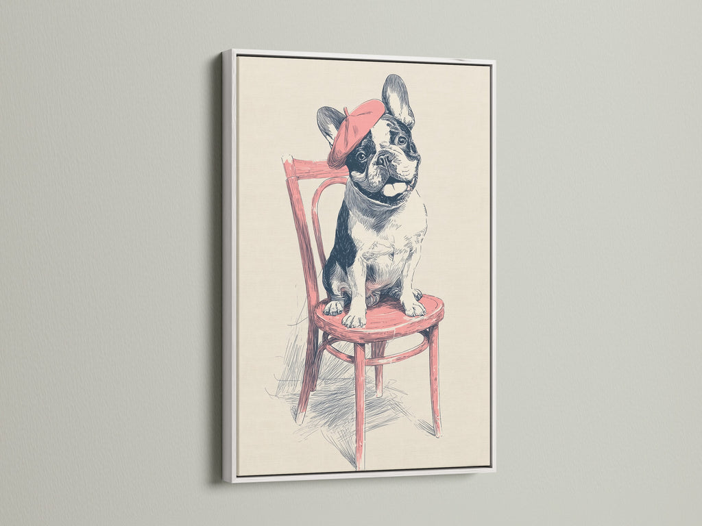 French Bulldog artwork showcased in a white frame. The bright white frame pops on the wall. This canine artwork is perfect for eclectic styles. Adds a fresh touch to cafes clinics and boardrooms. A delightful dog lover gift.