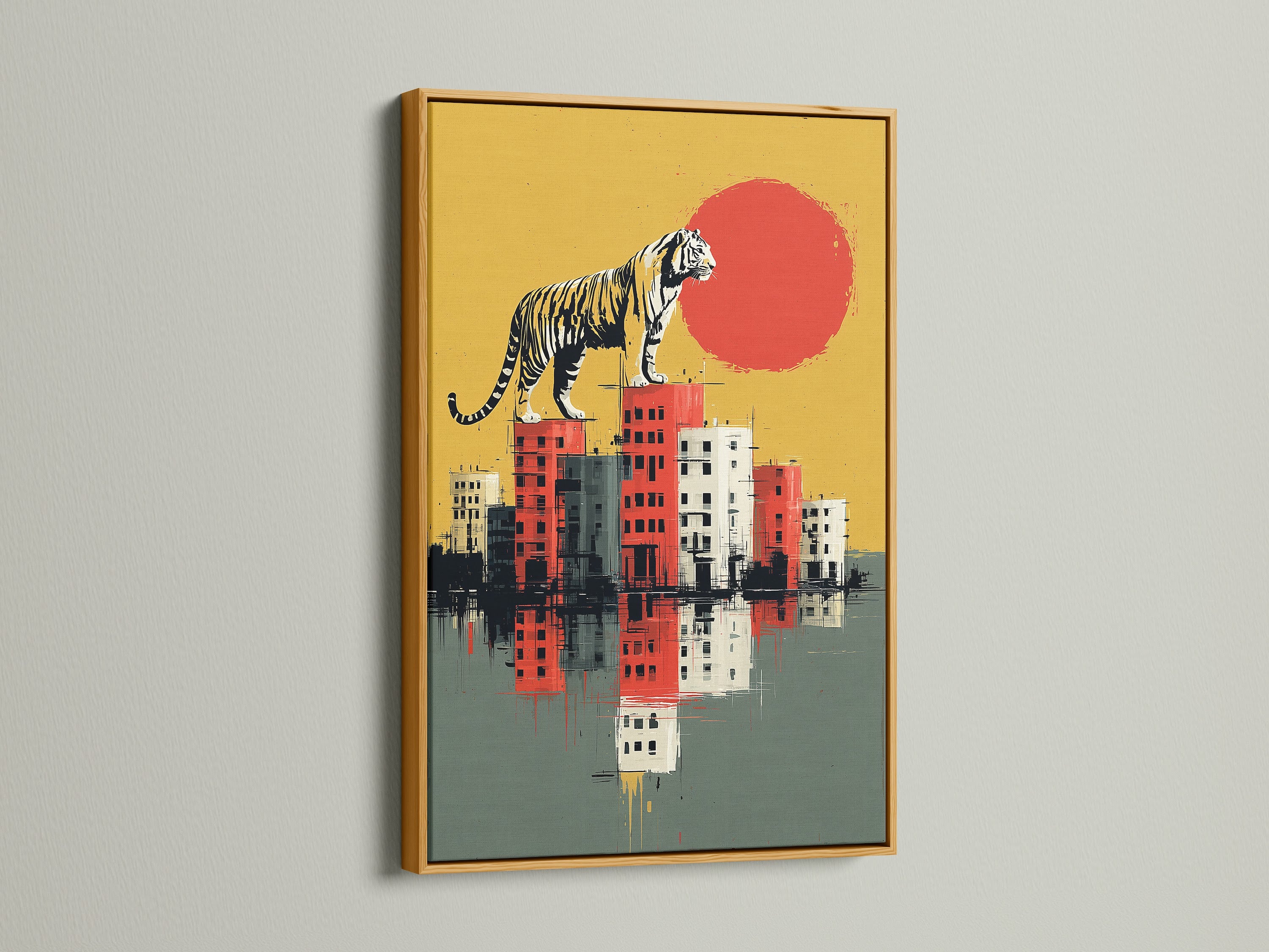 The Tiger City art print is displayed in a gold frame. The gold frame adds a touch of elegance to the artwork. The surreal wall art shines with sophistication. This urban wildlife art is perfect for a luxurious setting. The gold frame enhances the modern canvas art. Transform your space with this glamorous combination.