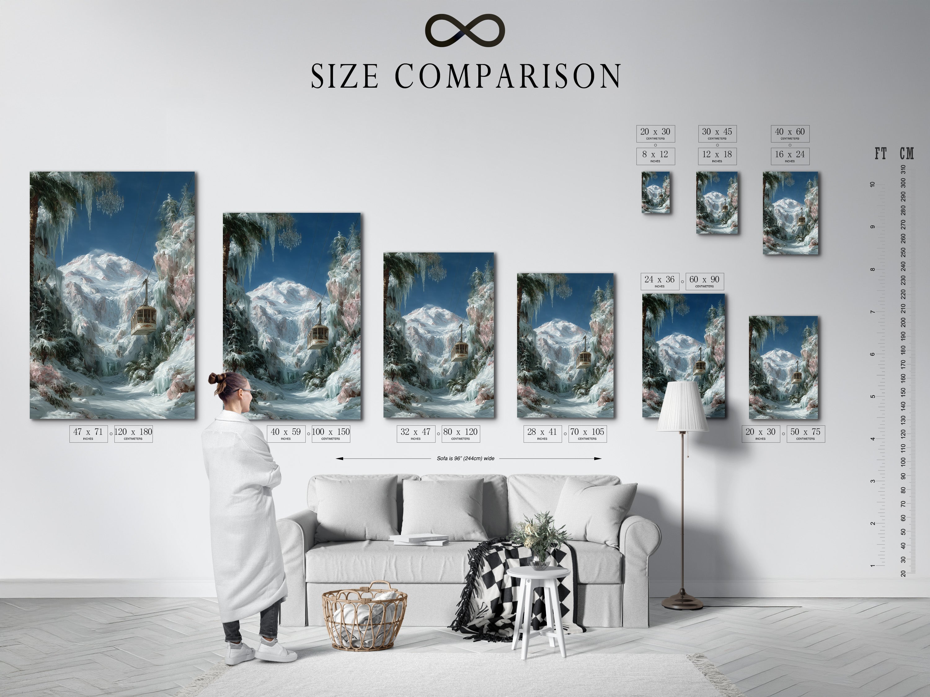 Size comparison chart of the Winter Cabin artwork in an interior setting. Visualize the artwork's impact on your wall. Available in multiple sizes to suit your space. Great for interior decorators.