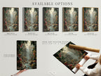 Available options for the Tropical Waterfall artwork. Choose from a stretched canvas print fine art poster paper or a floating frame. Each option enhances the beauty of the jungle paradise with butterflies and a waterfall. Customize your artwork to perfectly match your style and space. A botanical masterpiece.