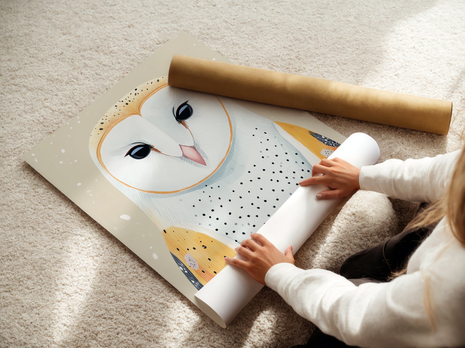 A woman is carefully rolling a fine art poster paper. The paper features owl artwork. This ensures safe delivery of the modern bird wall art. Ideal for adding a touch of scandi decor to any space or nursery.