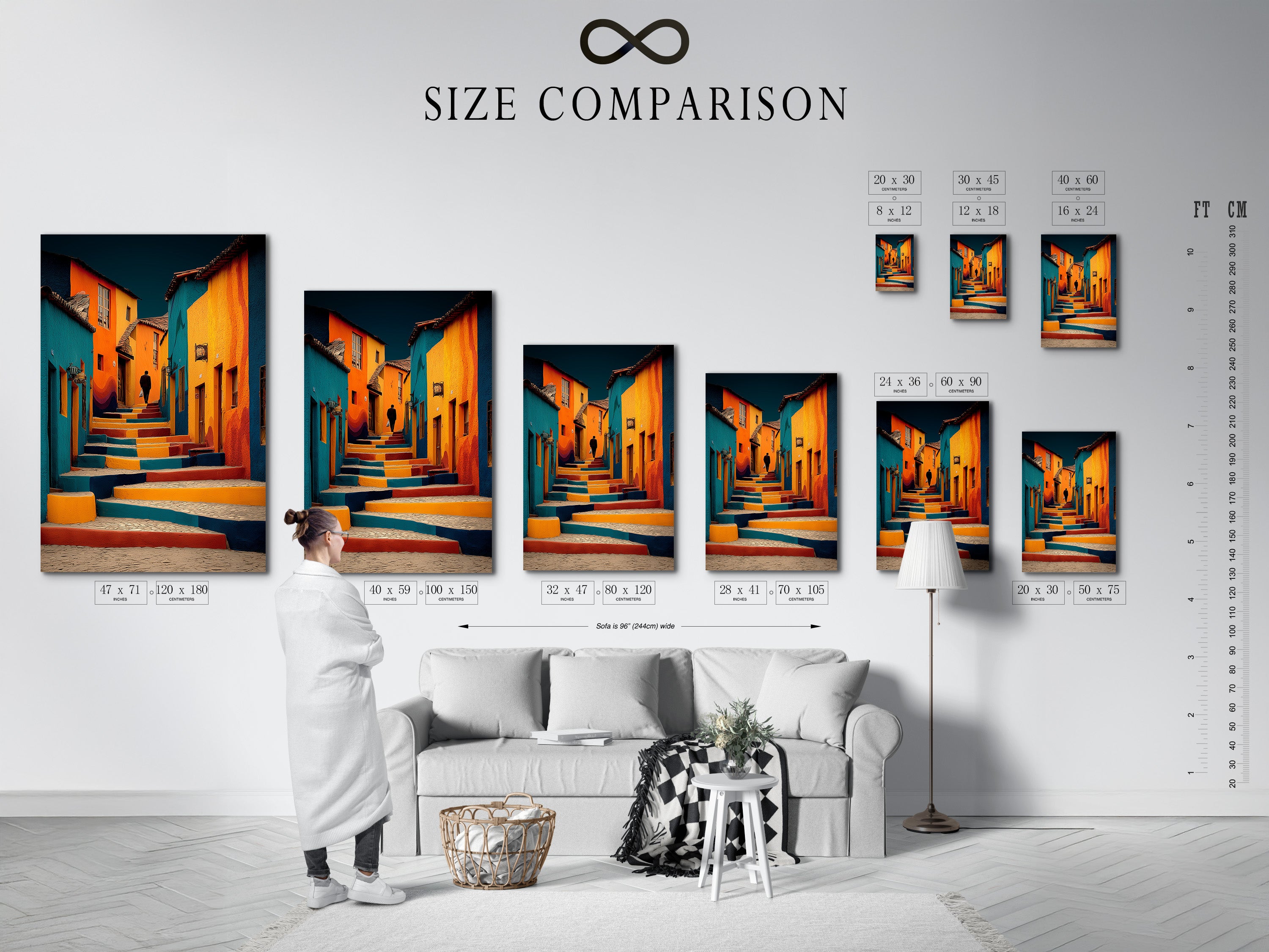 Size comparison chart displayed in an interior setting. The chart shows the available sizes for prints and canvases. It helps visualize how different sizes will look in your space. Choose the perfect size to fit your room and artwork.