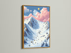 The ski slope poster is beautifully presented in a gold frame. A luxurious touch for your winter canvas art. This alpine wall art is ideal for studios and boardrooms. Elevate your space with this mountain ski print. The perfect ski wall decor.