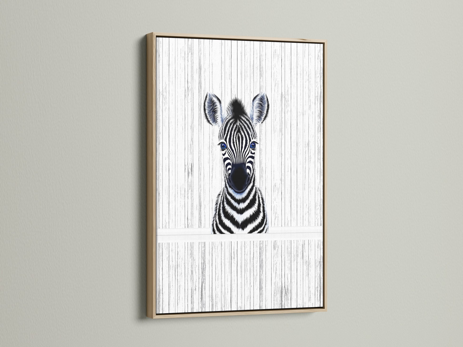 A charming Baby Zebra artwork framed in oak. This minimalist zebra wall art adds a touch of safari to any nursery or kids room. The oak frame enhances the black and white animal poster. A perfect piece of monochrome art.